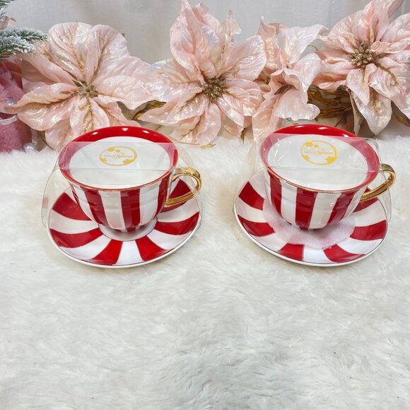 Grace Teaware Fine Porcelain Holiday Red Gold WH Stripe Tea Cups & Saucers 4PC - Picture 7 of 9